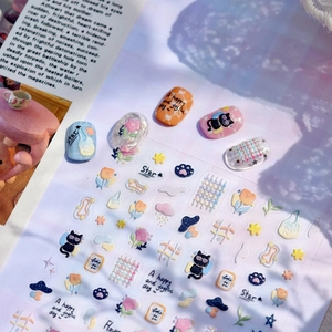 3D embossed cartoon nail stickers with cute cat and tulip designs for DIY manicure