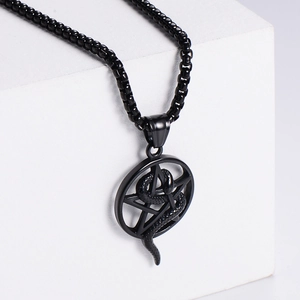 Gothic black stainless steel necklace with round pentagram and snake pendant design