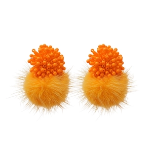 Elegant orange flower bead cluster earrings with fluffy pompom pendants for women