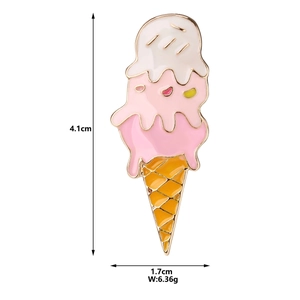 Detailed view of ice cream enamel pin with dimensions 4.1cm by 1.7cm on white background