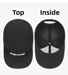 Detail view of FEWK hip-hop cap showing laser-cut holes and inner stitching construction