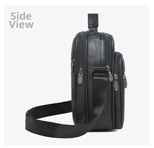 Side view of black pebble leather messenger bag with multiple zipper compartments
