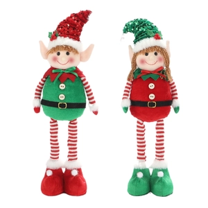 Pair of telescopic Christmas elf dolls with sequin hats and long striped legs