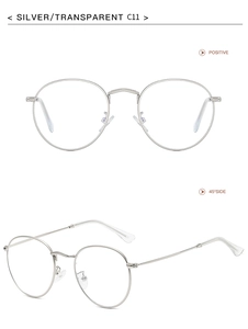 Detailed front and side views of silver oval metal frame glasses with transparent lenses