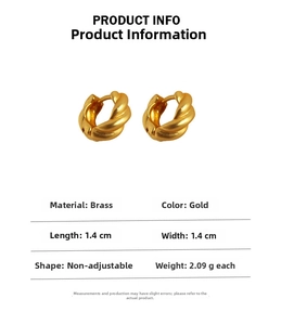 Detailliertes Datenblatt für matte goldene gedrehte Creolen aus Messing mit 1,4 cm Größe