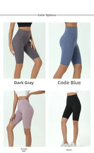 Detailed grid view of high-waist yoga shorts in dark grey, blue, fuchsia, and black