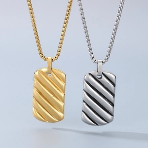 Square pendant necklaces in gold and silver with textured wave patterns and box chains