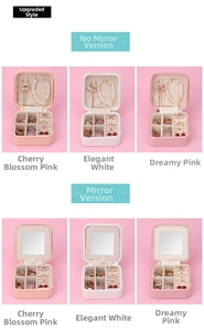 Dettaglio di portagioie portatili con scomparti per anelli e specchietti integrati