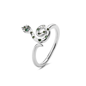 Snake shaped open ring in silver finish with green micro-pave cubic zirconia stones