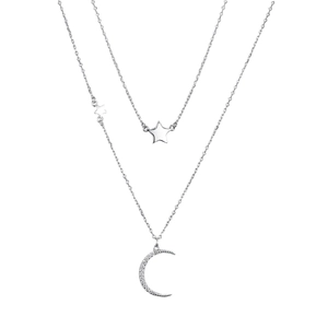 S925 sterling silver double layer necklace with cubic zirconia moon and star pendants