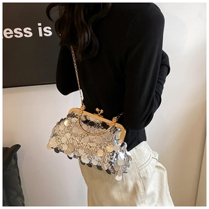 Detailed close-up of a silver sequin crossbody bag with gold chain and metal clasp