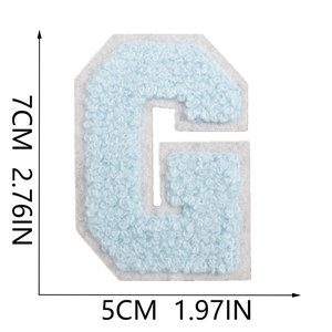 7cm light blue chenille letter G patch with white felt border and size measurements