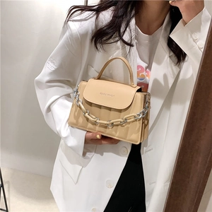 Women Crossbody Bag PU Leather Vertical Quilted Chunky Chain Decor Top Handle Small Square Fashion Streetwear Versatile