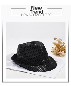 Detail of a sparkling black sequined jazz fedora hat for stage performance and parties