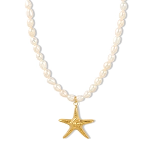 Elegant ocean style necklace with natural white pearls and a textured gold starfish pendant