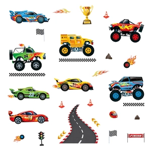 Adesivi murali per bambini con auto da corsa piste e trofei decorazione per cameretta