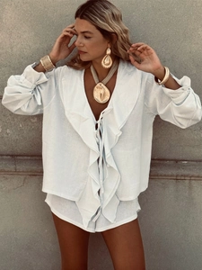 Women Cotton Ruffle Tie Front Long Sleeve Shirt And Shorts Casual Vacation Solid Color Outfits