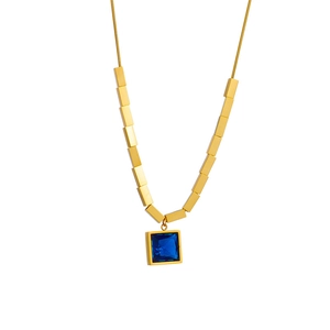 Retro titanium steel necklace with square blue crystal pendant on gold snake chain