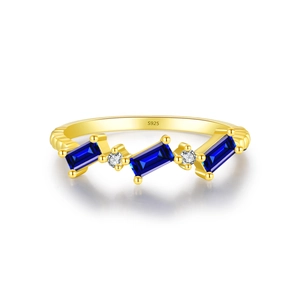 S925 sterling silver ring with emerald cut blue gems and round crystals in wavy design