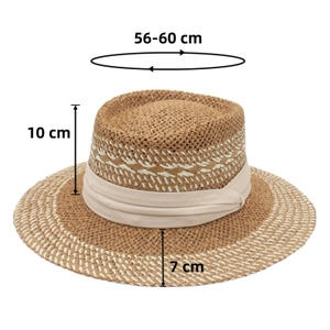 Détail d'un chapeau de paille avec dimensions : tour de 56-60cm et bord de 7cm