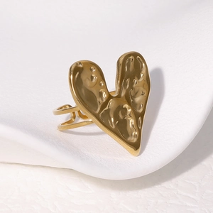 Minimalist 18K gold plated stainless steel heart ring with textured finish and open band