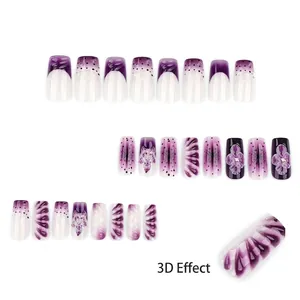 Purple and white long square press-on nails with 3D floral textures and French gradient