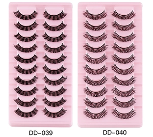 Detailed comparison of DD-039 and DD-040 synthetic Russian curl fake eyelashes in pink trays