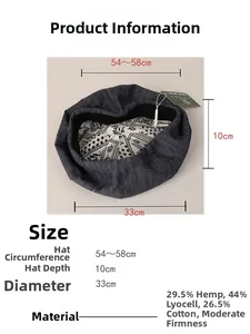 Size chart showing denim beret dimensions including 54-58cm circumference and material blend