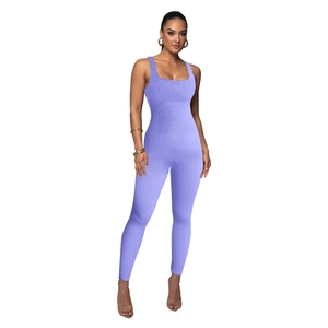 Sleeveless purple ribbed jumpsuit featuring a square neck and tight fit yoga athletic style