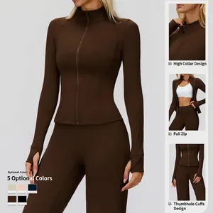 Women's warm thermal fleece-lined zip-up sports jacket with high neck and thumb holes