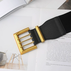 Detail of a wide black elastic belt with a vintage gold square buckle on a book background