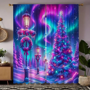 Detail of Christmas curtains with festive tree and aurora sky print in cozy living room