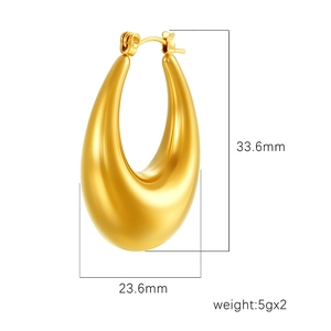 Polished hollow 18K gold plated stainless steel hoop earrings with size measurements