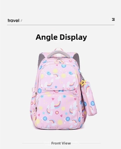 Front view of pink school backpack with rainbow prints and matching pencil case detail