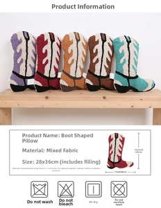 Detailed dimensions and tufted fabric texture of the boot-shaped colorful accent pillow