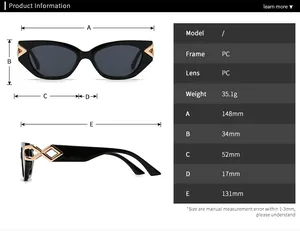 Detailed size chart for cat eye sunglasses showing dimensions in millimeters and grams