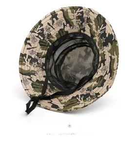 Detail view of camouflage sun hat featuring breathable mesh lining and adjustable chin strap