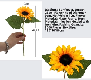 Detail view of 28cm artificial sunflower with 9cm yellow flower head and green leaves
