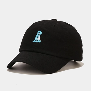 Detailed close-up of blue cartoon dinosaur embroidery on a black cotton baseball cap