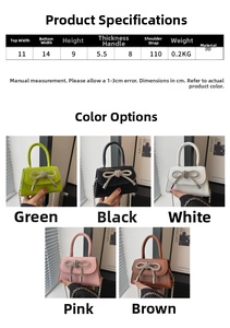 Detail view of mini bow crossbody bag showing colorful patent leather and crystal accents