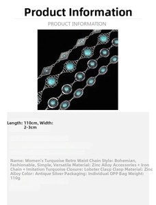 Detailed view of bohemian antique silver waist chain with turquoise-style stones and specs