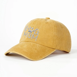 Ginger washed cotton baseball cap with DOG MOM embroidery and paw print for sun protection