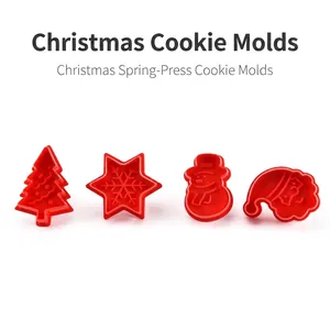 4-piece Christmas cookie cutter set with plunger press for holiday baking shapes
