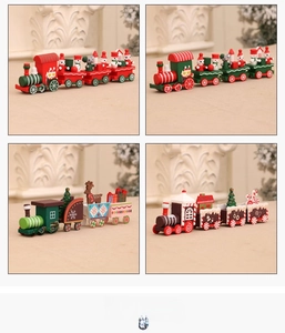 Detail display of four colorful wooden Christmas train sets with festive character figurines