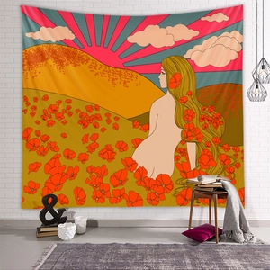 Detail of bohemian tapestry featuring a woman in poppy field against white brick wall