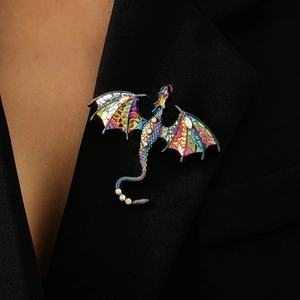 Hip hop style colorful dragon pendant necklace with diamonds on a black suit lapel