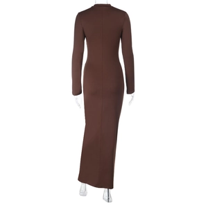 Macro detail of the brown knit fabric texture and back stitching of the long bodycon dress