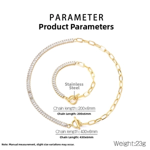 Detailed specs for stainless steel chain jewelry set with OT clasp and zircon pavé