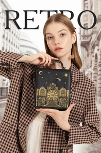 Retro black crossbody bag featuring gold vintage clock embroidery and star patterns