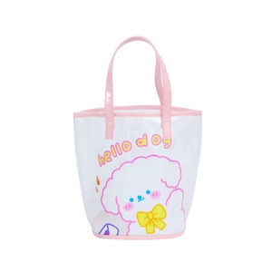Clear PVC tote bag with pink leather handles and cute white cartoon dog illustration